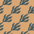 Pastel palette seamless pattern with simple doodle navy blue vintage leaves ornament. Beige background Royalty Free Stock Photo