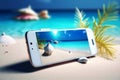 sand palm cyber creative up holiday sea summer phone concept mock. Generative AI.
