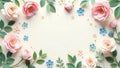 Pastel paper flowers and greenery frame with central blank space for text or image. Generative AI Royalty Free Stock Photo