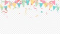 pastel party flags and confetti explosions with buntings and ribbons on transparent background for carnival, celebration, birthday Royalty Free Stock Photo