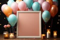 Pastel party mockup, frame, balloons, confetti, flat lay style