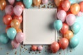 Pastel party mockup, frame, balloons, confetti, flat lay style