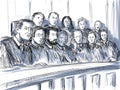 Courtroom Trial Sketch Showing a Jury of Twelve 12 Juror Inside Court of Law