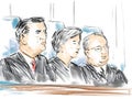 Courtroom Trial Sketch Showing Supreme Court Judge or Justices on Bench Inside Court of Law