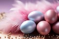 Pastel perfection Easter background with eggs, feathers, and glitter