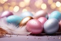 Pastel perfection Easter background with eggs, feathers, and glitter