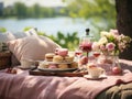 Pastel Picnic: A Dreamy Setup with Pink Flowers, Wine, and Macarons