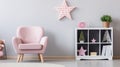 Pastel pink armchair next to wooden cabinet books toy green plant in grey material pot generative ai