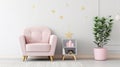 Pastel pink armchair next to wooden cabinet books toy green plant in grey material pot generative ai