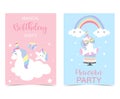 Pastel pink blue card with unicorn,cake,head,rainbow