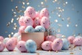 Pastel Pink and Blue Easter Eggs in a Gift Box with Golden Confetti Royalty Free Stock Photo
