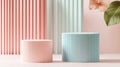 Pastel pink and blue textured cylinders with leaves and flower, soft light. Modern decor Royalty Free Stock Photo
