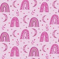 boho rainbow seamless pattern in pink and fuchsia with boho moon , leaves and stars