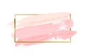 Pastel pink brush strokes with rectangle golden frame isolated on white background. Vector design element.