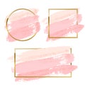 Pastel pink brush strokes set with round, square and rectangle golden frames isolated on white background. Vector design