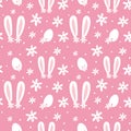 Pastel pink bunny ears, egs and daisy vector seamless pattern. Easter cute background. Hand drawn illustration