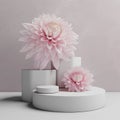 Pastel pink dahlia carnation chrysanthemum flower podium stone stage pedestal Natural mock up. Product promotion Generative AI