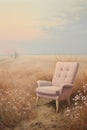 Pastel Pink Empty Armchair on the Field.Digital Art Illustration. Generative AI.