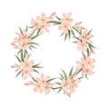 Pastel pink floral round wreath frame watercolor floral illustration with oleander pale peach flowers and leaves Royalty Free Stock Photo