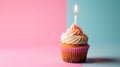 Pastel Pink Frosted Cupcake with Lit Birthday Candle Royalty Free Stock Photo