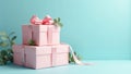 Pastel pink gift boxes with delicate greenery accents on a light blue background. Generative AI Royalty Free Stock Photo