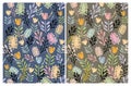 Hand Drawn Cute Floral Vector Patterns Set. Dark Blue and Brown Backgrounds. Royalty Free Stock Photo