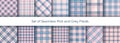 Pastel Pink Grey Plaids seamless pattens set. Vector Checkered, Buffalo, Tartan pink colors plaids textured background