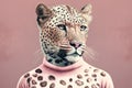 Pastel pink illustrated portrait of a leopard standing and posing in an sweater