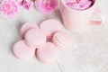 Pastel pink macaroons with rose Royalty Free Stock Photo