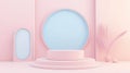 Pastel pink minimal display podium. Trendy geometric shapes. Empty pedestal stage for product presentation. Pastel color scene.