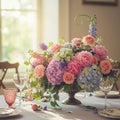 Pastel Pink and Purple Flower Centerpiece on Table Royalty Free Stock Photo