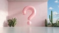 Pastel pink question mark on pink wall in outdoor minimalist setting Royalty Free Stock Photo