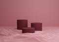 Pastel Pink and Red Composition of Three Podiums or Stands for Product Display Placed on Fabric with Neutral, Simple, Minimal