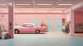 pastel pink retro garage with stylish car