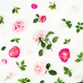 Pastel pink roses flowers and green leaves on white background. Flat lay, top view pattern Royalty Free Stock Photo