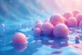 Pastel pink spheres floating on a serene blue liquid surface, a dreamlike abstract composition of smooth, reflective bubbles. Royalty Free Stock Photo