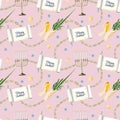 Pastel pink Sukkot seamless pattern with watercolor Torah scroll and greetings, waving the Lulav, Etrog, stars of David Royalty Free Stock Photo