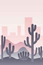 Pastel pink sun set sky and city skyline silhouette. Purple desert dunes. Dark cactuses. Abstract texture. Nature and ecology. Royalty Free Stock Photo