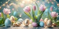 Pastel pink tulips and decorated eggs celebrate spring. Generative AI Royalty Free Stock Photo