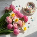 Pastel Pink Tulips Ranunculus Daffodils with Candy and Teacup Royalty Free Stock Photo
