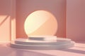 Pastel podium with round window in background, stand to show cosmetic products. Minimal abstract stage with platform in studio.