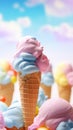 Pastel rainbow color ice cream cones on blue sunny sky background, copy space Royalty Free Stock Photo