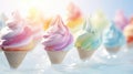 Pastel rainbow color ice cream cones on blue sunny sky background, copy space Royalty Free Stock Photo