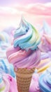 Pastel rainbow color ice cream cones on blue sunny sky background, copy space Royalty Free Stock Photo