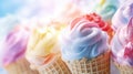 Pastel rainbow color ice cream cones on blue sunny sky background, copy space Royalty Free Stock Photo