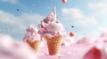 Pastel rainbow color ice cream cones on blue sunny sky background, copy space Royalty Free Stock Photo