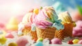 Pastel rainbow color ice cream cones on blue sunny sky background, copy space Royalty Free Stock Photo