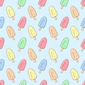 Pastel rainbow ice cream seamless pattern vector illustration. Kids background of sunblind and popsicle in pastel colors