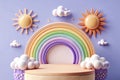 Pastel rainbow, sun, clouds, and wooden podium 3D rendering Royalty Free Stock Photo
