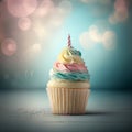 Pastel rainbow Unicorn cupcakes for a party with sparkle background